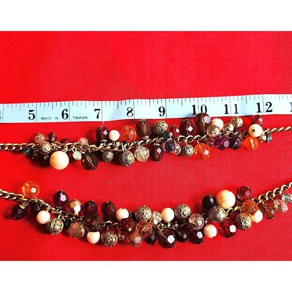 Cluster Necklace in Multi Color Beads -2 Strand Chunky Gold-Tone -18in - Picture 3 of 7